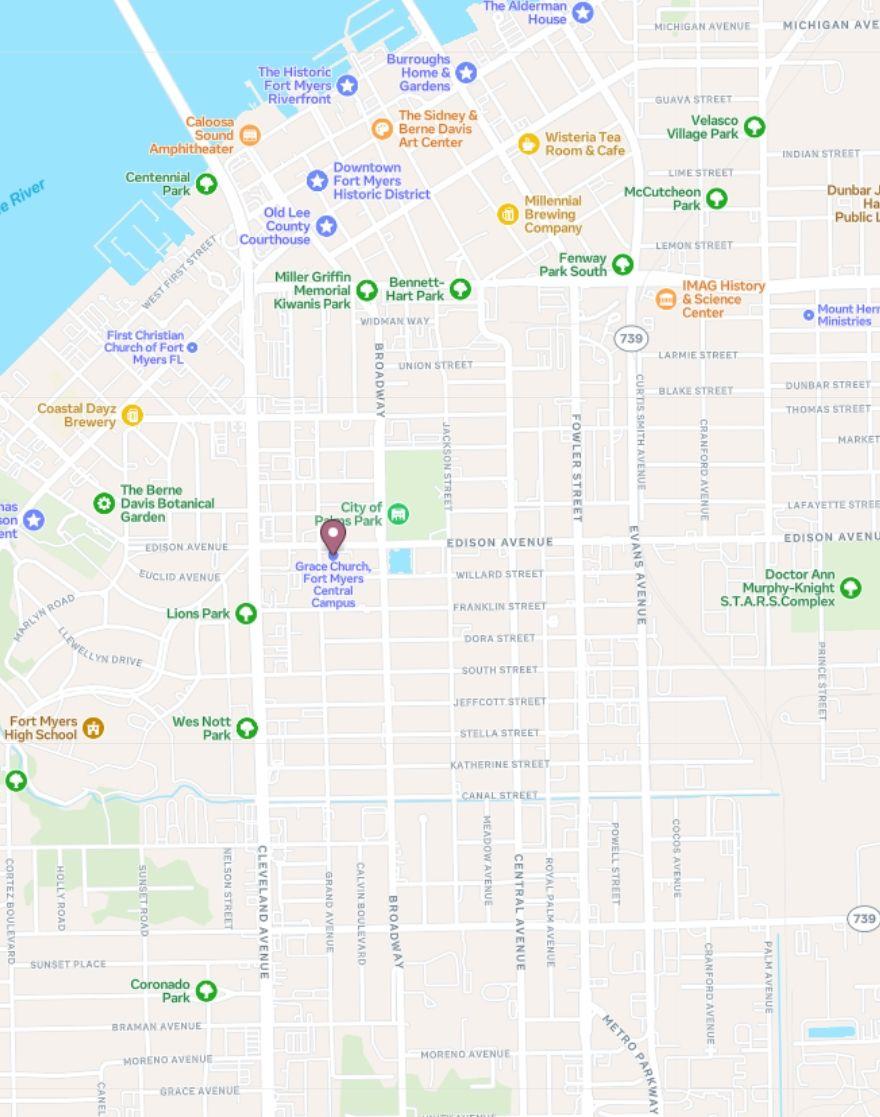 Map of downtown Fort Myers, highlighting parks, churches, and cultural landmarks with street names visible.