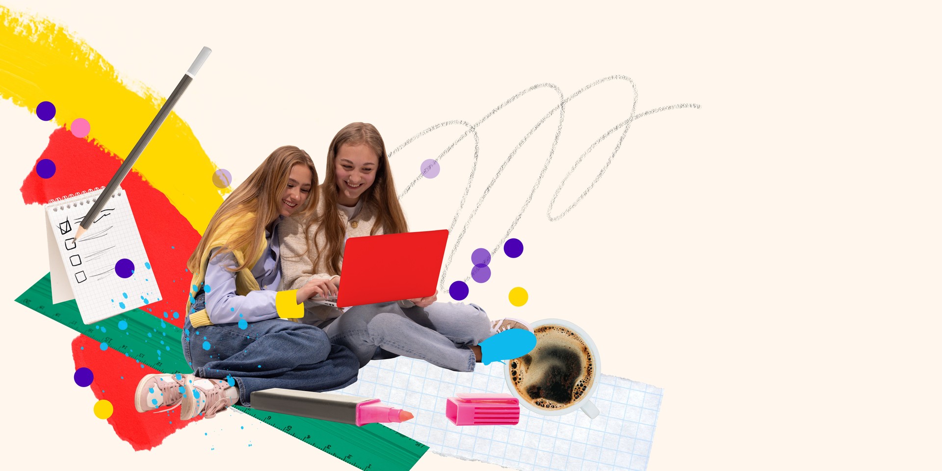 Two girls sitting together, working on red laptop, surrounded by coffee, notes, checklist and tools, smiling with joy. Conceptual design.