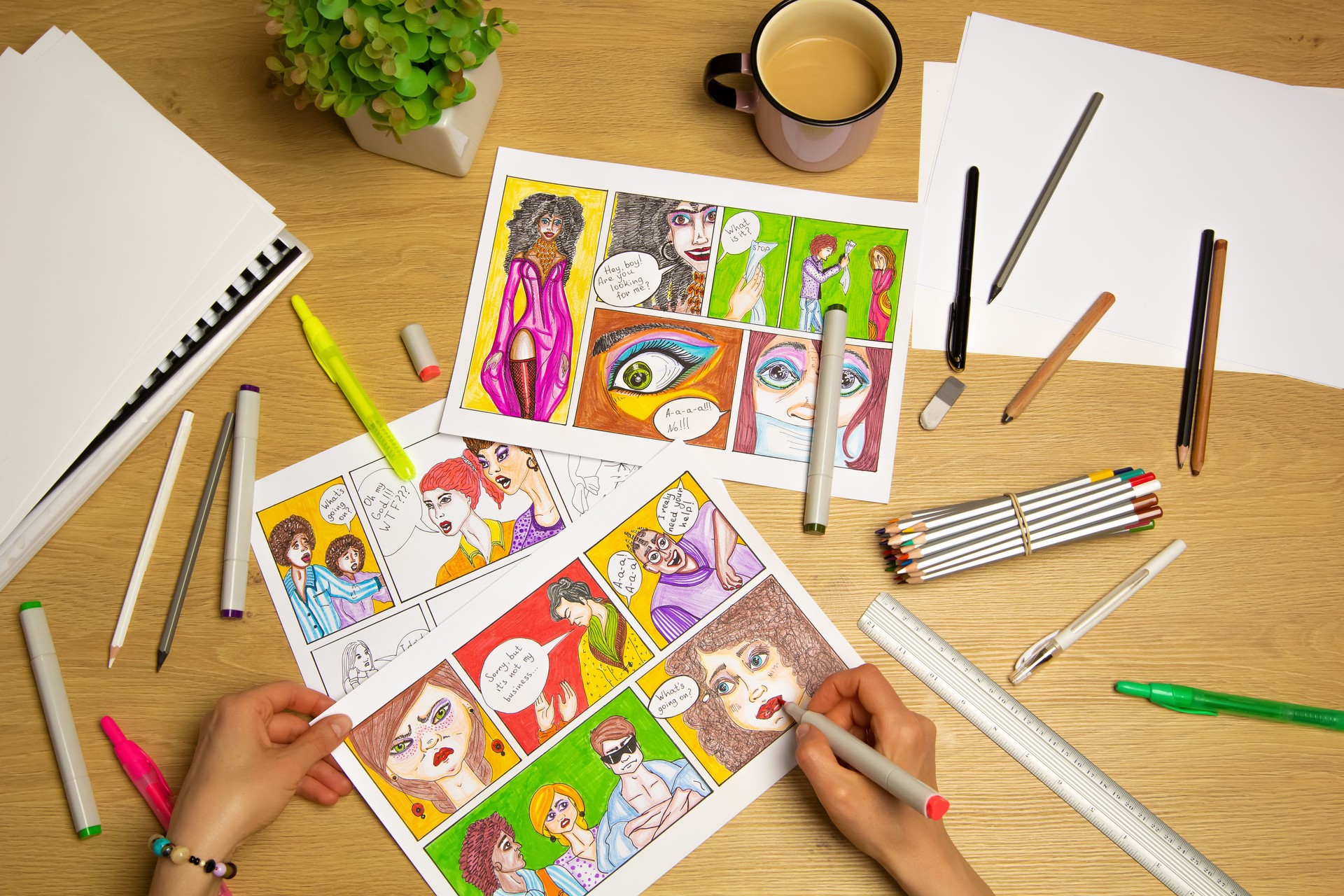 Comic book storyboard on paper. Design animation sketches.