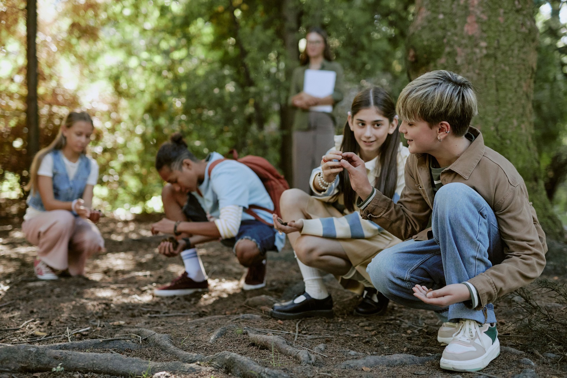 Teenagers Collecting Pine Cones In Botanical Garden